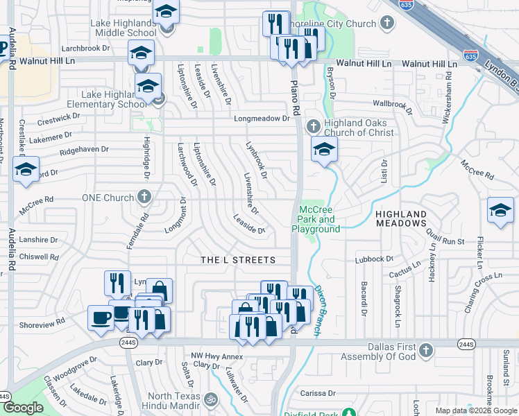 map of restaurants, bars, coffee shops, grocery stores, and more near 9012 Livenshire Drive in Dallas
