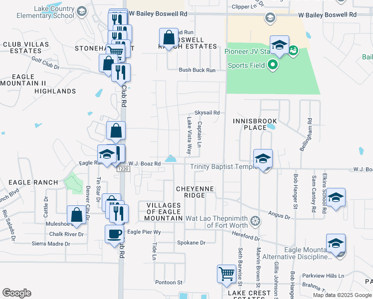 map of restaurants, bars, coffee shops, grocery stores, and more near 7405 Lake Vista Way in Fort Worth