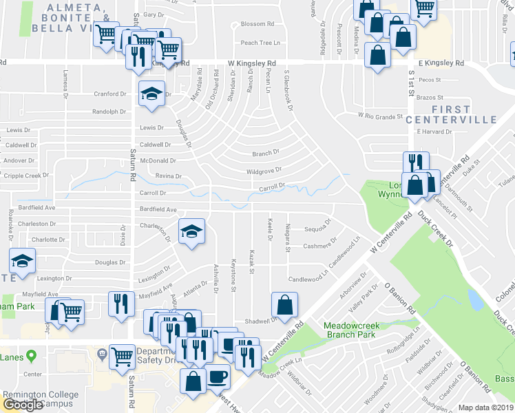 map of restaurants, bars, coffee shops, grocery stores, and more near 709 Bardfield Avenue in Garland
