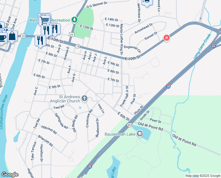 map of restaurants, bars, coffee shops, grocery stores, and more near 1209 Davidson Street in West Point