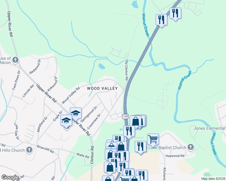 map of restaurants, bars, coffee shops, grocery stores, and more near 1976 Long Ridge Drive in Macon