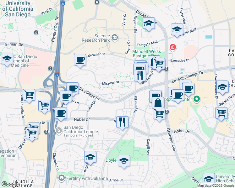 map of restaurants, bars, coffee shops, grocery stores, and more near 3982 La Jolla Village Drive in San Diego
