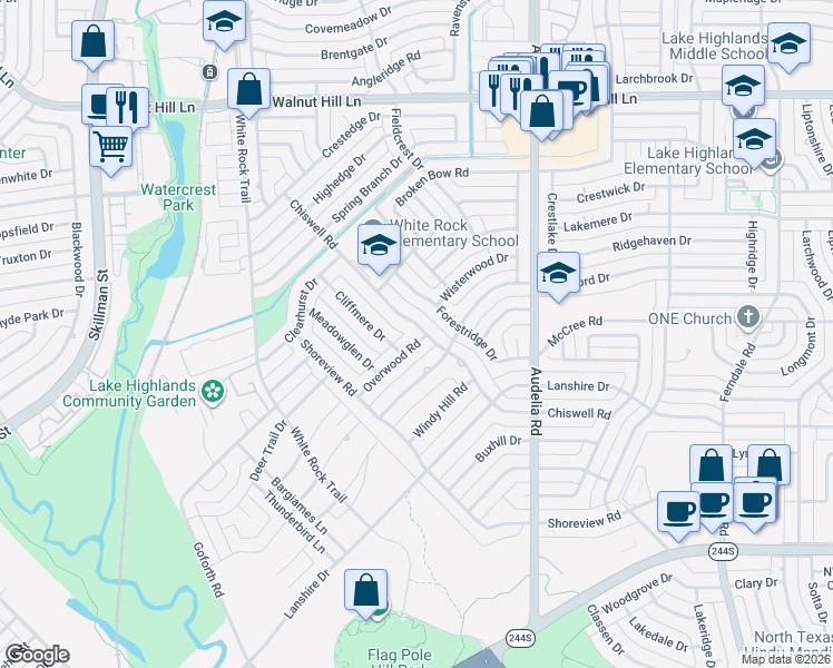 map of restaurants, bars, coffee shops, grocery stores, and more near 9535 Overwood Road in Dallas