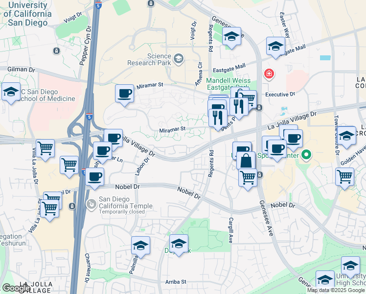 map of restaurants, bars, coffee shops, grocery stores, and more near 3992 La Jolla Village Drive in San Diego