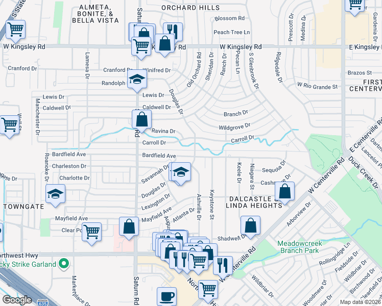 map of restaurants, bars, coffee shops, grocery stores, and more near 1101 Bardfield Avenue in Garland