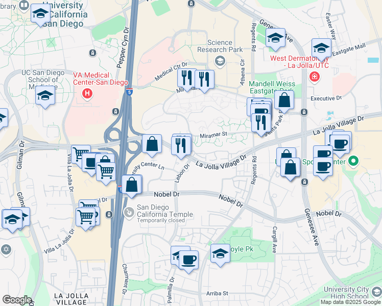 map of restaurants, bars, coffee shops, grocery stores, and more near 3770 La Jolla Village Drive in San Diego