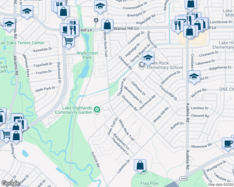 map of restaurants, bars, coffee shops, grocery stores, and more near 9235 Clearhurst Drive in Dallas
