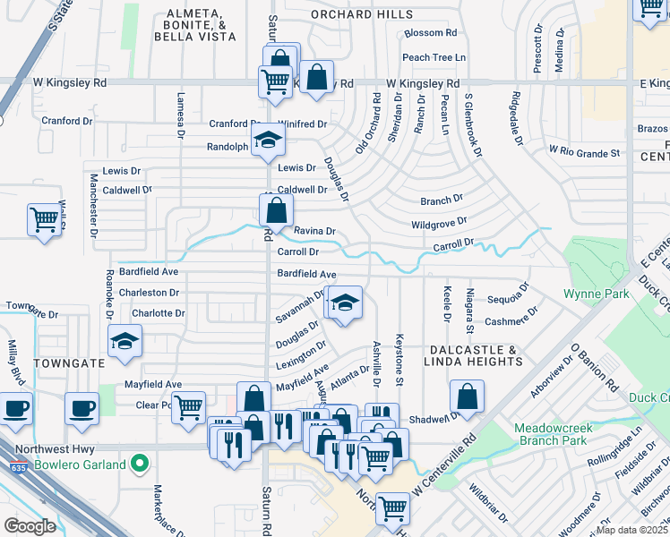 map of restaurants, bars, coffee shops, grocery stores, and more near 1201 Bardfield Avenue in Garland