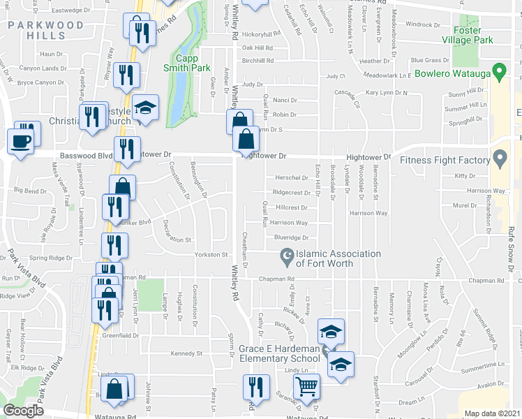 map of restaurants, bars, coffee shops, grocery stores, and more near 6909 Quail Run in Watauga