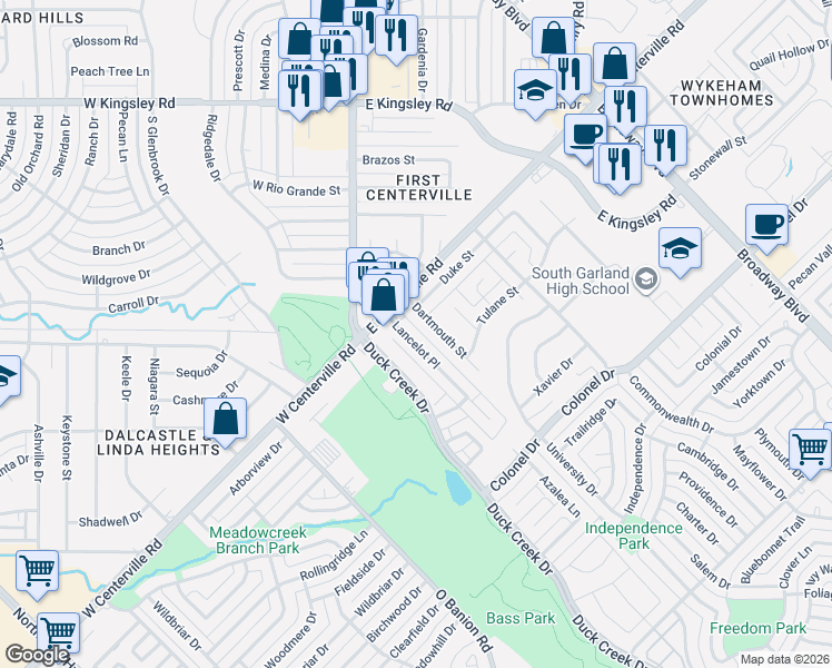map of restaurants, bars, coffee shops, grocery stores, and more near 3726 Lancelot Place in Garland