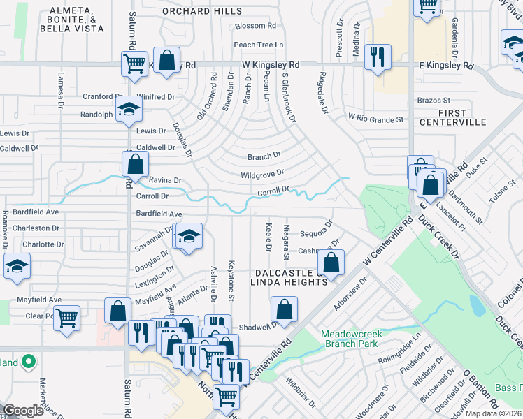 map of restaurants, bars, coffee shops, grocery stores, and more near 709 Bardfield Avenue in Garland