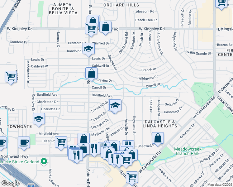 map of restaurants, bars, coffee shops, grocery stores, and more near 1201 Bardfield Avenue in Garland