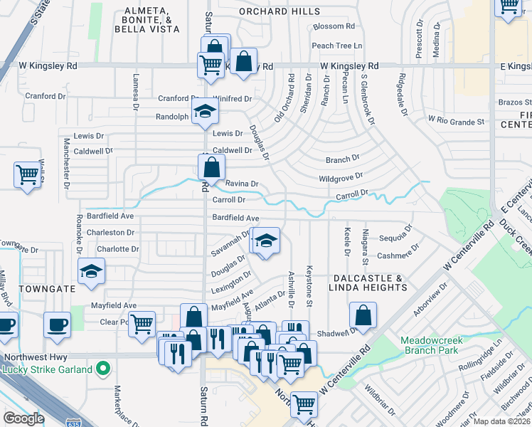 map of restaurants, bars, coffee shops, grocery stores, and more near 1201 Bardfield Avenue in Garland