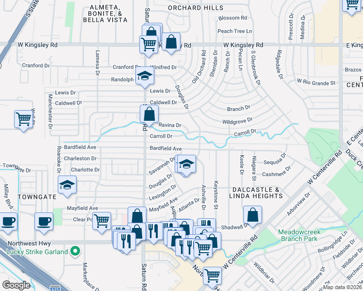 map of restaurants, bars, coffee shops, grocery stores, and more near 1201 Bardfield Avenue in Garland
