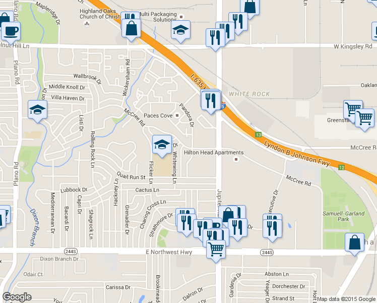 map of restaurants, bars, coffee shops, grocery stores, and more near 12833 Pandora Drive in Dallas