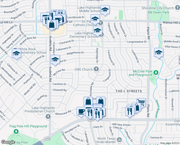 map of restaurants, bars, coffee shops, grocery stores, and more near 9036 Guildhall Drive in Dallas