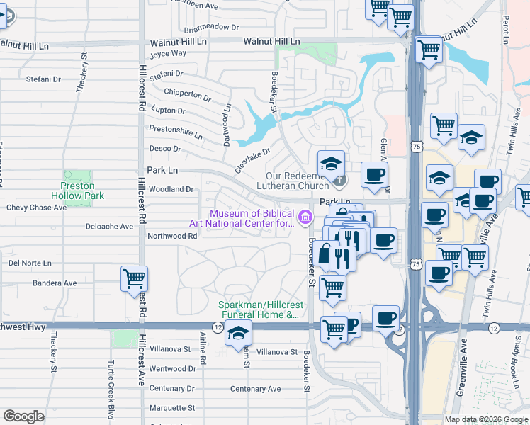map of restaurants, bars, coffee shops, grocery stores, and more near 16 Grovenor Court in Dallas