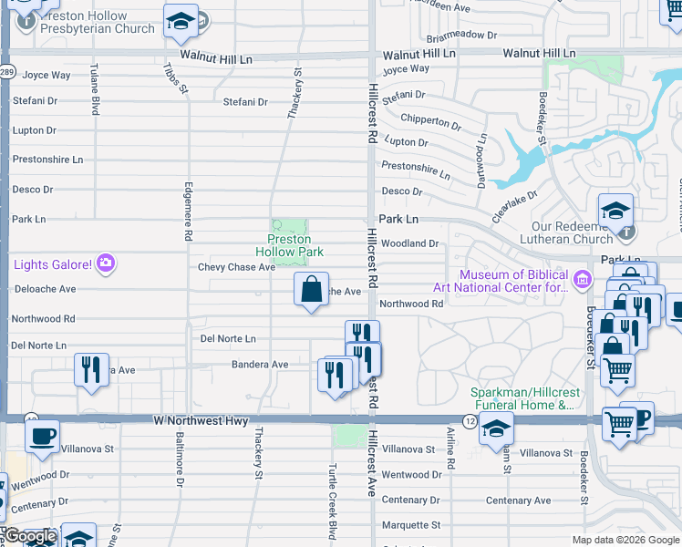 map of restaurants, bars, coffee shops, grocery stores, and more near 6823 Deloache Avenue in Dallas