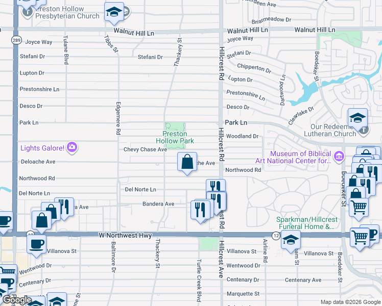 map of restaurants, bars, coffee shops, grocery stores, and more near 6717 Deloache Avenue in Dallas