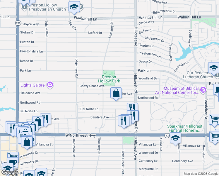 map of restaurants, bars, coffee shops, grocery stores, and more near 6623 Deloache Avenue in Dallas
