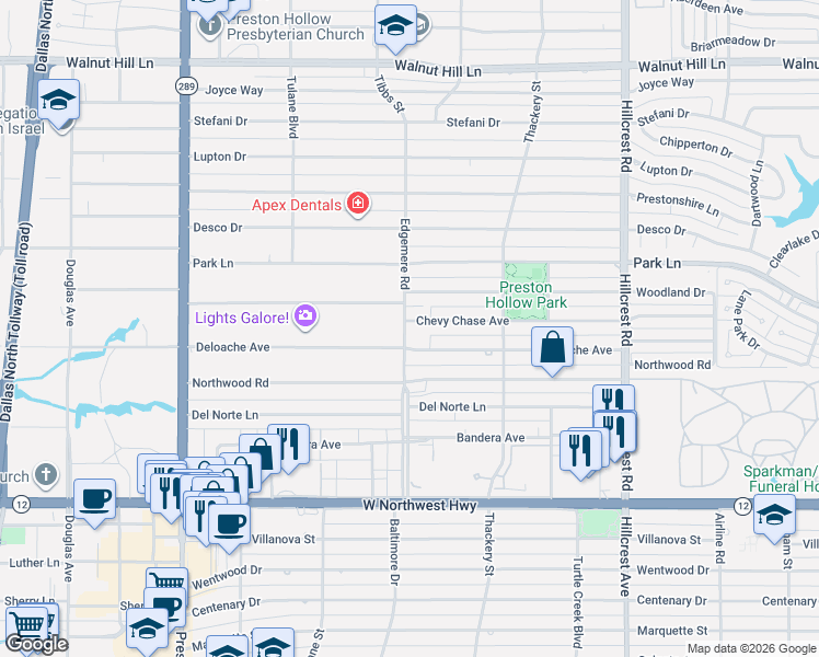 map of restaurants, bars, coffee shops, grocery stores, and more near 6407 Deloache Avenue in Dallas