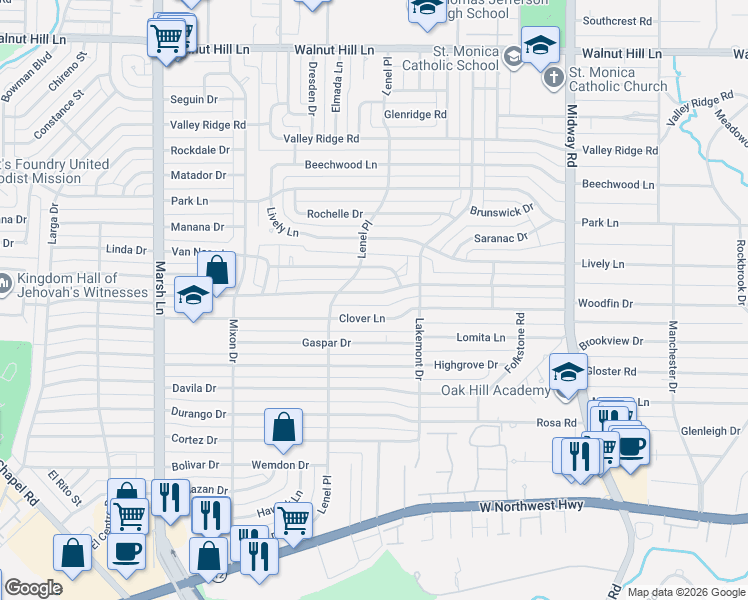 map of restaurants, bars, coffee shops, grocery stores, and more near 3935 Clover Lane in Dallas