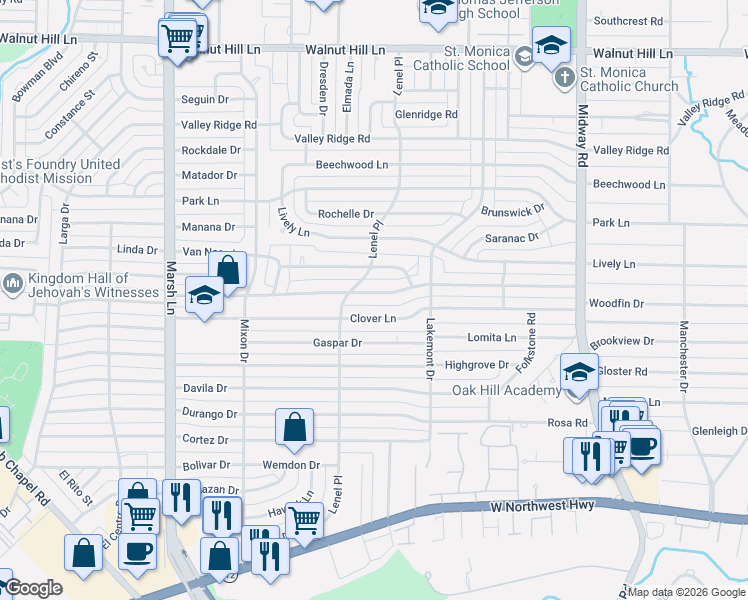 map of restaurants, bars, coffee shops, grocery stores, and more near 3935 Clover Lane in Dallas