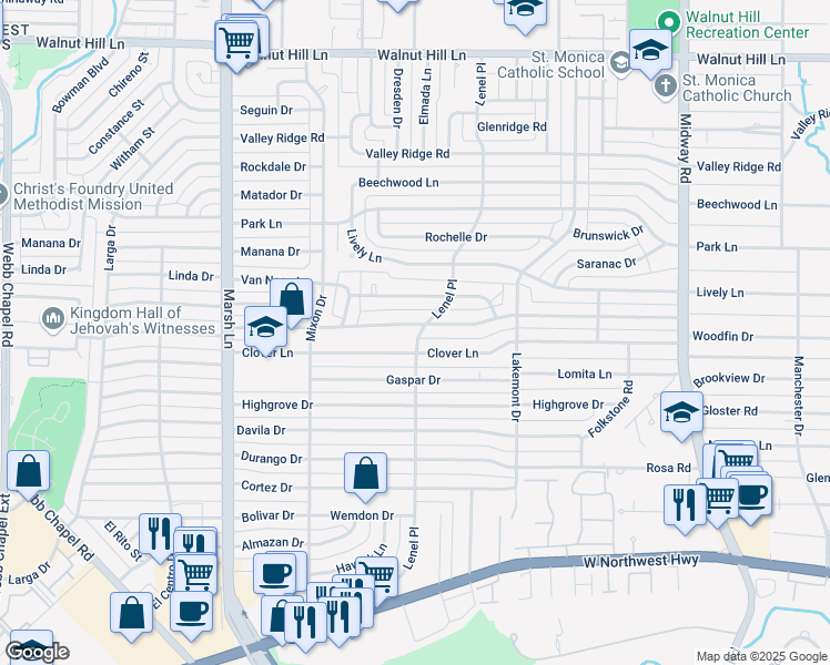 map of restaurants, bars, coffee shops, grocery stores, and more near 3893 Clover Lane in Dallas