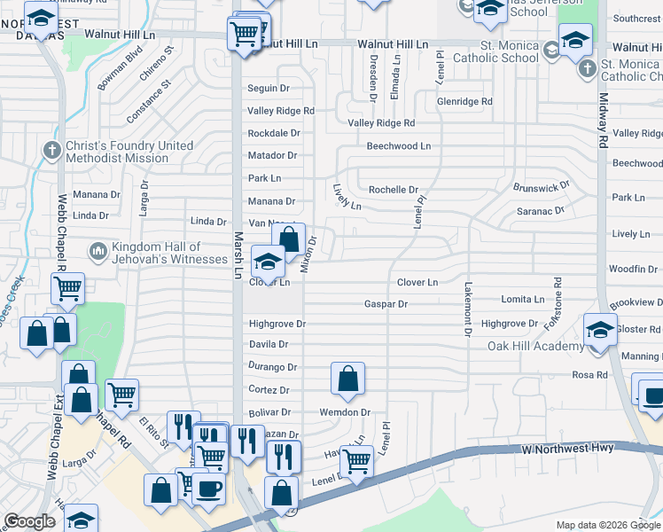 map of restaurants, bars, coffee shops, grocery stores, and more near 3819 Clover Lane in Dallas