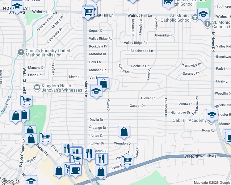 map of restaurants, bars, coffee shops, grocery stores, and more near 3819 Clover Lane in Dallas