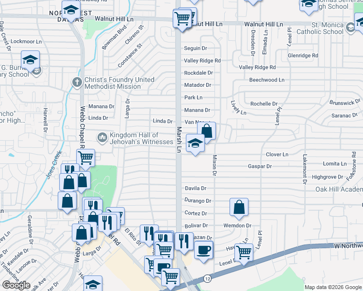 map of restaurants, bars, coffee shops, grocery stores, and more near 3654 Hidalgo Drive in Dallas