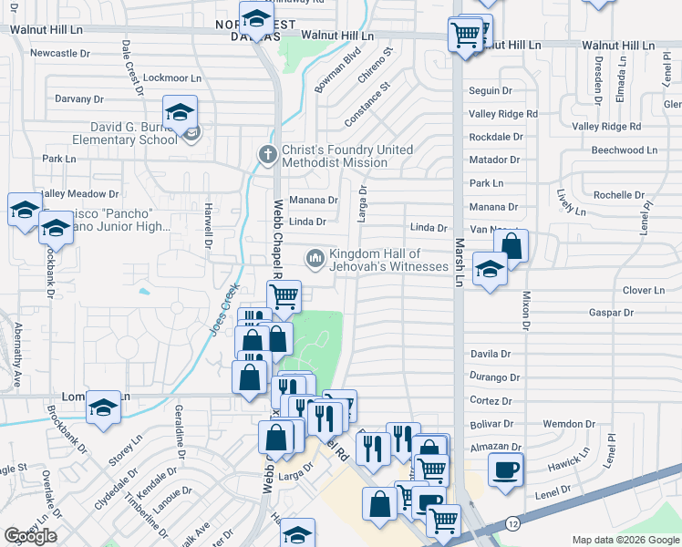 map of restaurants, bars, coffee shops, grocery stores, and more near 9681 Larga Drive in Dallas
