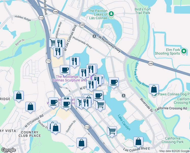 map of restaurants, bars, coffee shops, grocery stores, and more near 5215 North O'Connor Boulevard in Irving