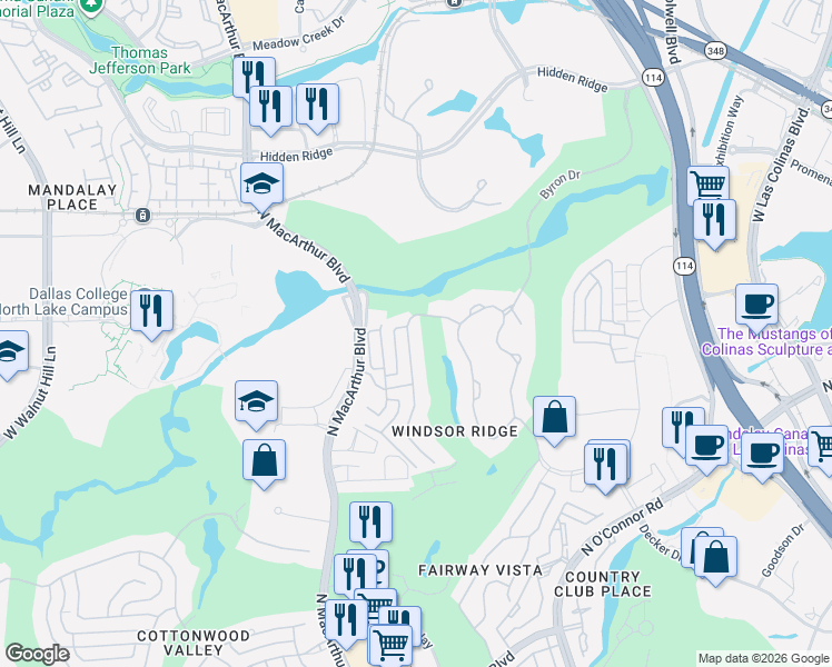 map of restaurants, bars, coffee shops, grocery stores, and more near 4621 Windsor Ridge Drive in Irving