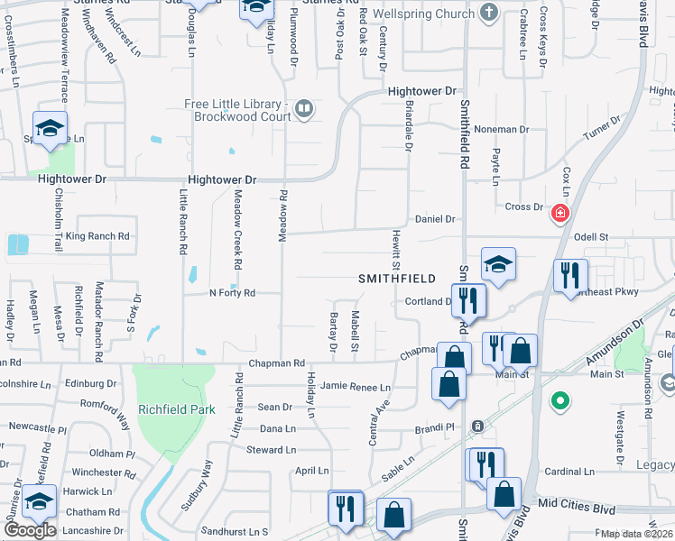 map of restaurants, bars, coffee shops, grocery stores, and more near 7529 Buck Street in Fort Worth
