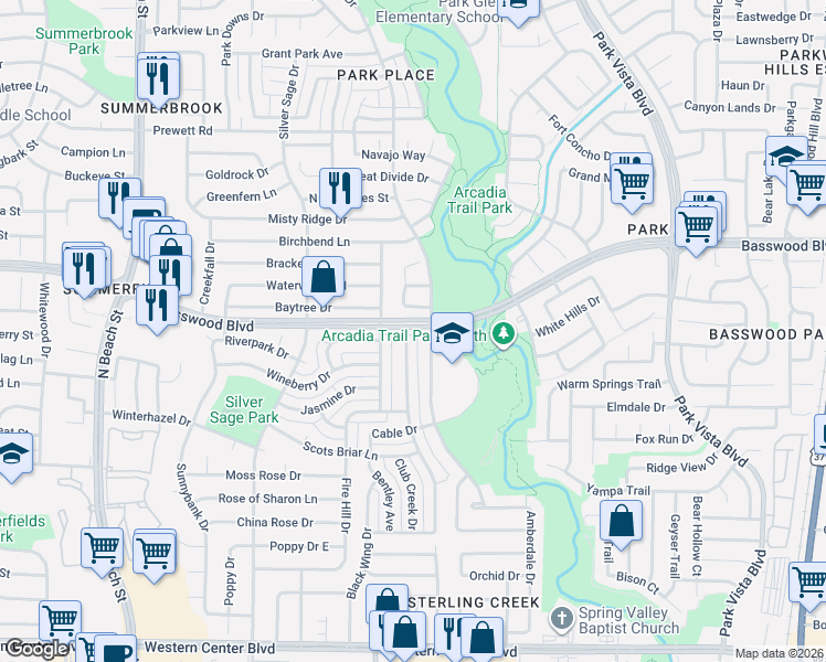 map of restaurants, bars, coffee shops, grocery stores, and more near 7333 Indiana Avenue in Fort Worth