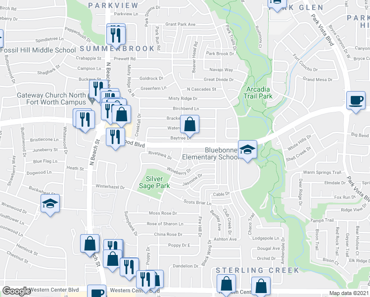map of restaurants, bars, coffee shops, grocery stores, and more near 4725 Veronica Circle in Fort Worth