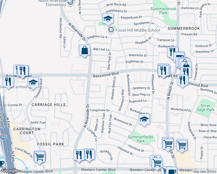 map of restaurants, bars, coffee shops, grocery stores, and more near 7221 Wayfarer Trail in Fort Worth