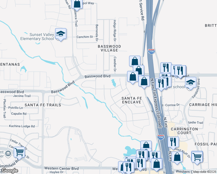 map of restaurants, bars, coffee shops, grocery stores, and more near 2700 Los Olivos Lane in Fort Worth