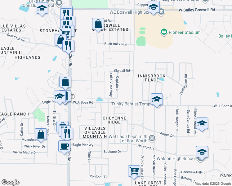 map of restaurants, bars, coffee shops, grocery stores, and more near 7408 Captain Lane in Fort Worth