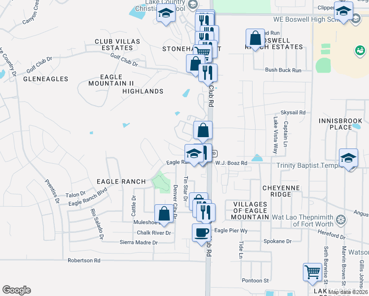 map of restaurants, bars, coffee shops, grocery stores, and more near 7312 Rocky Ford Road in Fort Worth