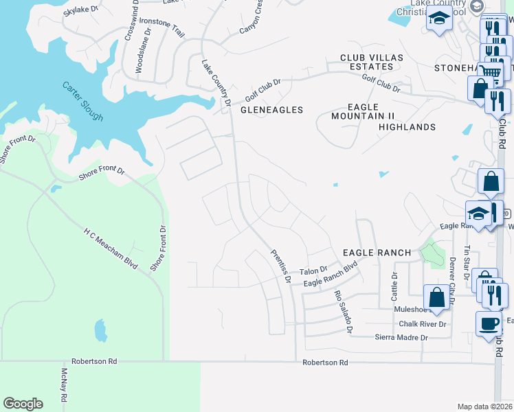 map of restaurants, bars, coffee shops, grocery stores, and more near 3901 Stoneshire Court in Fort Worth