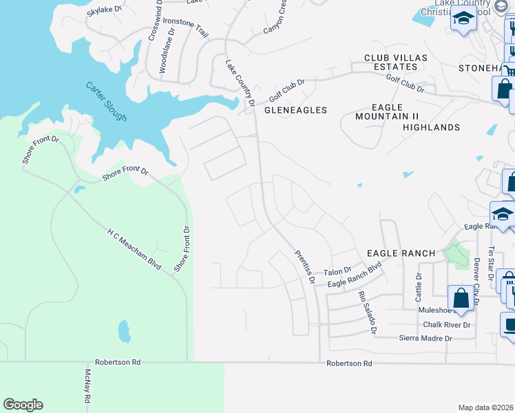 map of restaurants, bars, coffee shops, grocery stores, and more near Lake Country Drive in Fort Worth