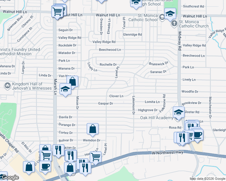 map of restaurants, bars, coffee shops, grocery stores, and more near 3935 Clover Lane in Dallas