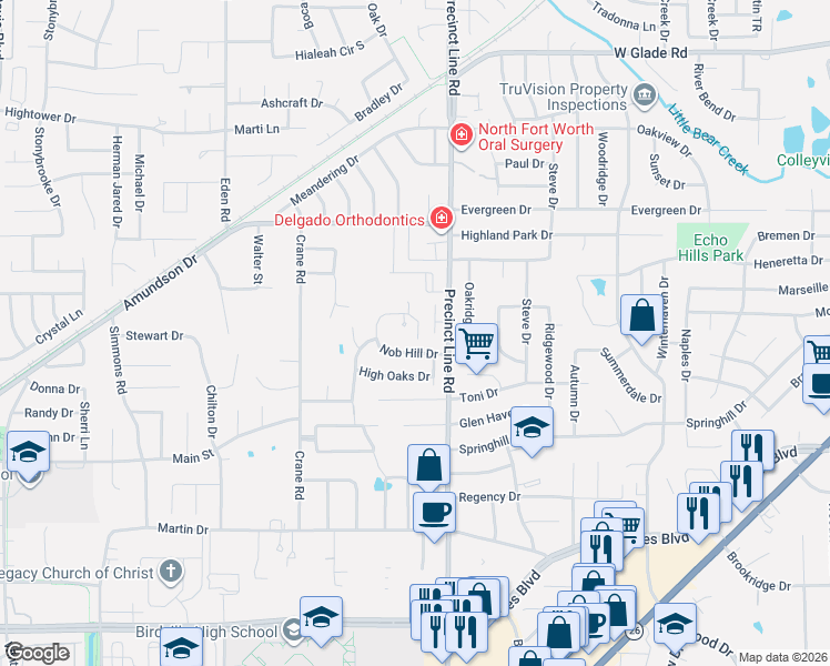 map of restaurants, bars, coffee shops, grocery stores, and more near 9109 Nob Hill Drive in North Richland Hills