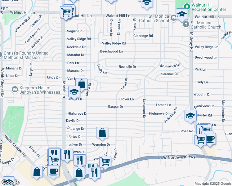 map of restaurants, bars, coffee shops, grocery stores, and more near 3893 Clover Lane in Dallas
