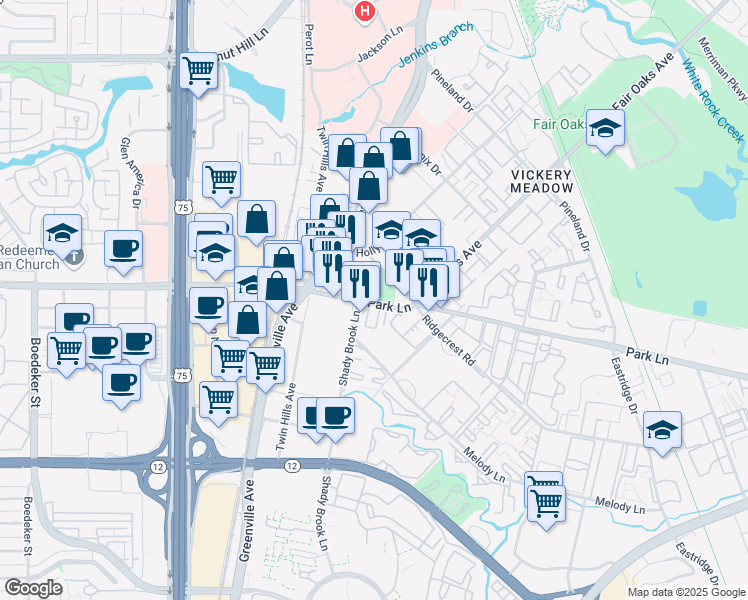 map of restaurants, bars, coffee shops, grocery stores, and more near 8317 Park Lane in Dallas
