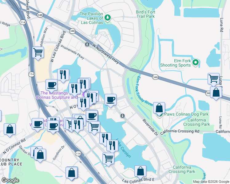 map of restaurants, bars, coffee shops, grocery stores, and more near 1001 Lake Carolyn Parkway in Irving