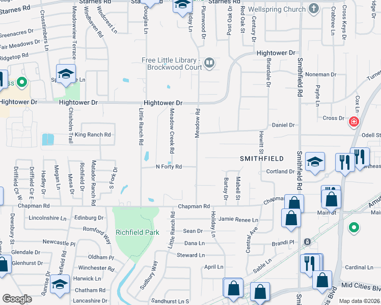 map of restaurants, bars, coffee shops, grocery stores, and more near 6805 Meadow Road in North Richland Hills