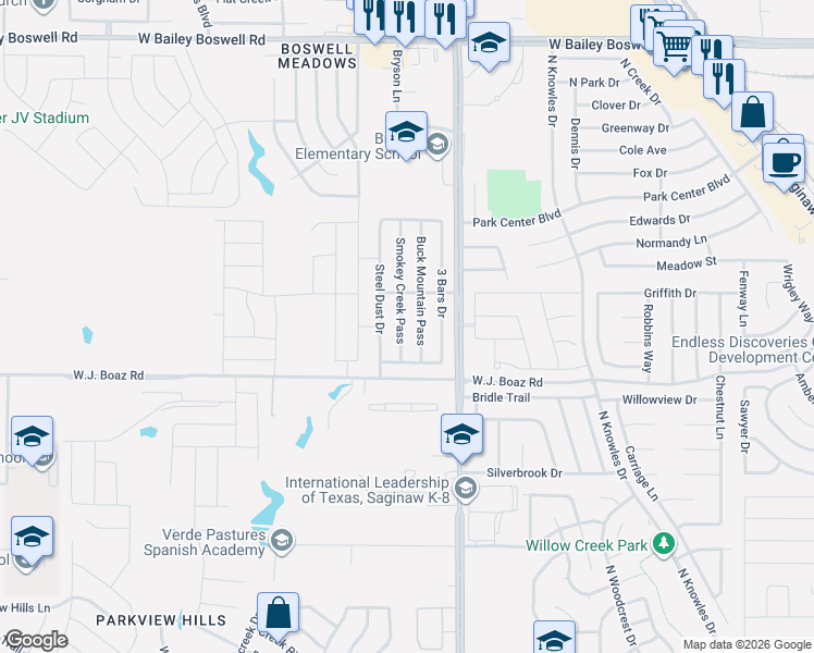 map of restaurants, bars, coffee shops, grocery stores, and more near 8208 Smokey Creek Pass in Fort Worth